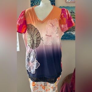 Vibrant Floral V-Neck Top Size 2X